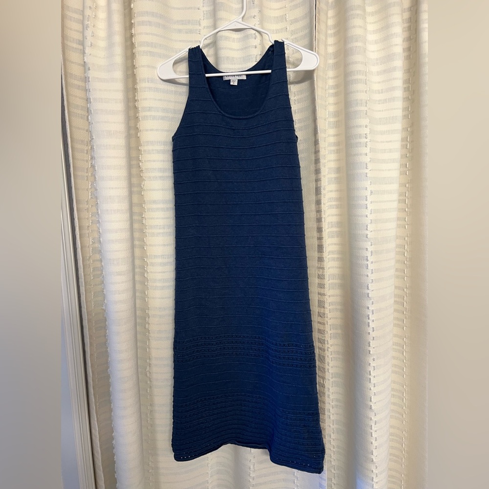 Amour Vert Deep Blue Textured Sleeveless Cotton/Linen sweater Dress